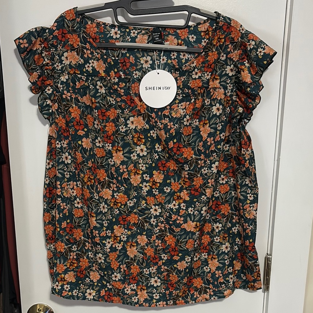 NWT SHEIN Ruffled Flutter Sleeve Blouse Orange and Brown